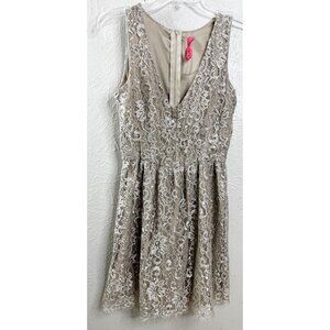 VTG Eight-Sixty XS Gold/Silver Sleeveless Lace Overlay Dress V-Neck USA EUC